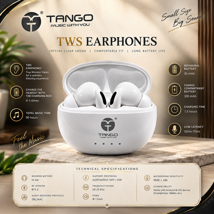 Tango Love pods Tws Earphones DS-121, 900H Battery,Fast Charge,Bluetooth Headset (White, True Wireless)