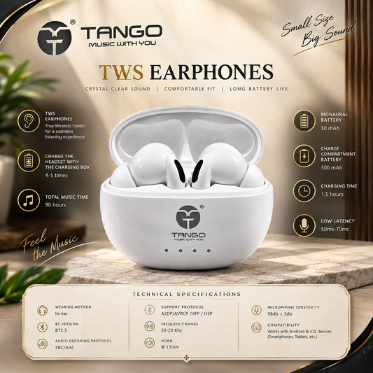 Tango Love pods Tws Earphones DS-121, 900H Battery,Fast Charge,Bluetooth Headset (White, True Wireless)