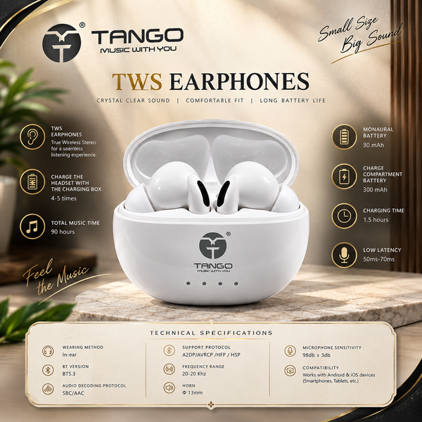 Tango Love pods Tws Earphones DS-121, 900H Battery,Fast Charge,Bluetooth Headset (White, True Wireless)