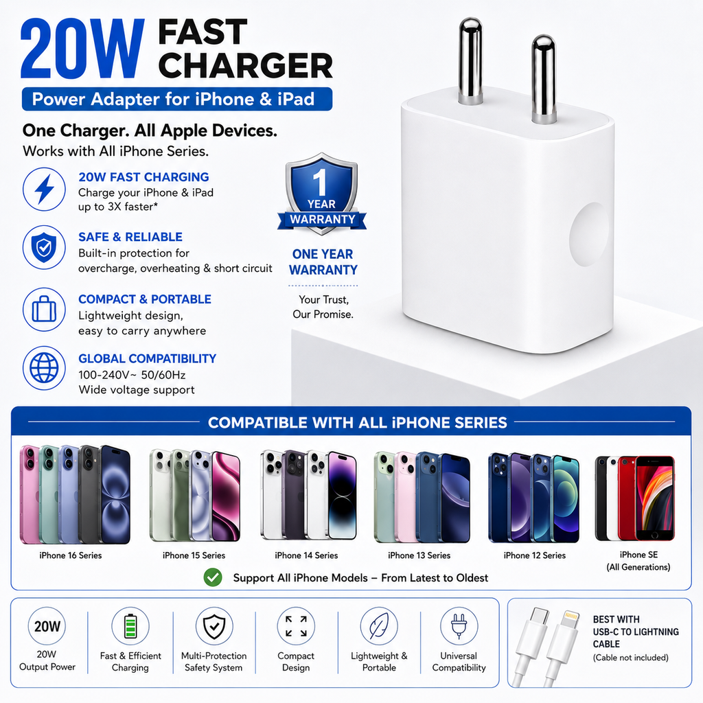 Ui 20 W PD 3 A Wall Charger for Mobile with Detachable Cable (White)
