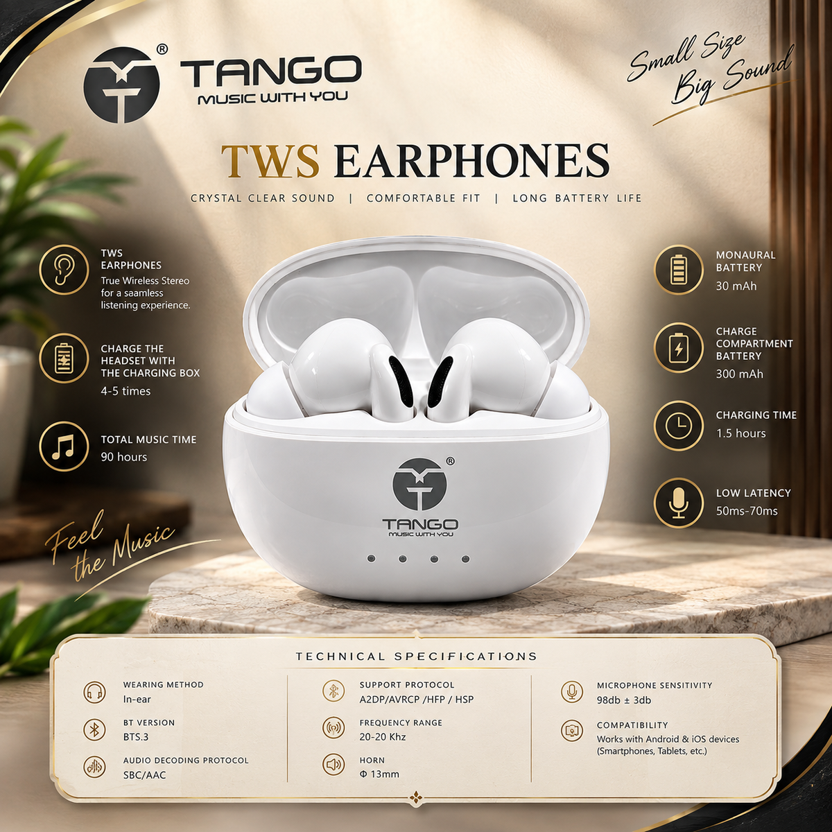 Tango  Airdopes DS-128, 150H Battery,Fast Charge,Bluetooth Headset (White, True Wireless)