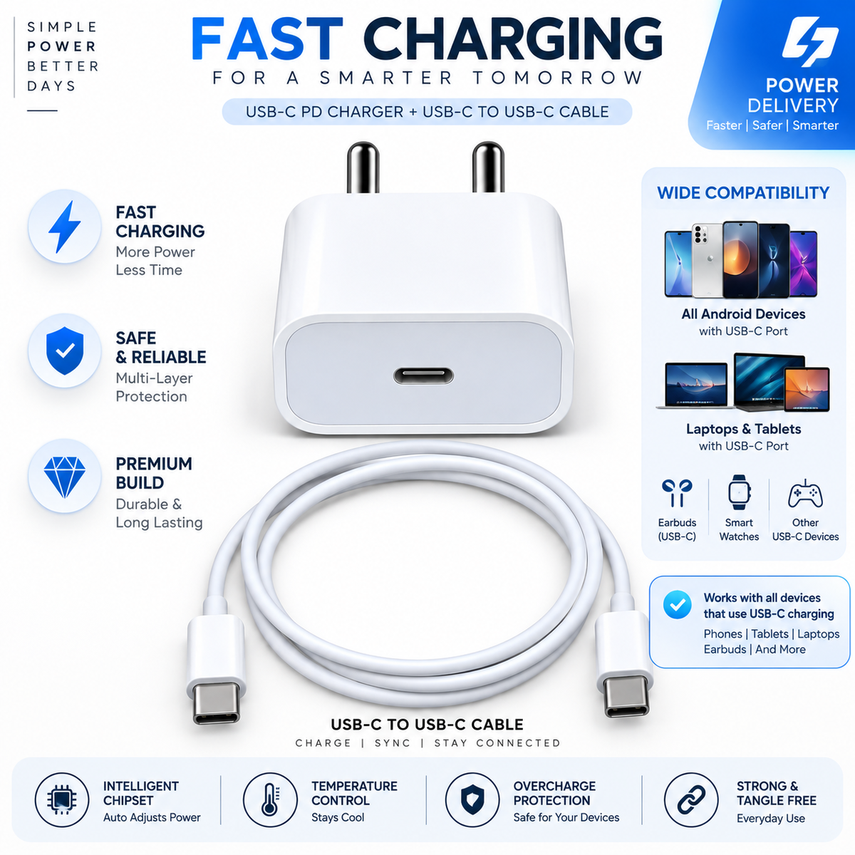 Ui 20 W Quick Charge 3 A Wall Charger for Mobile with Detachable Cable