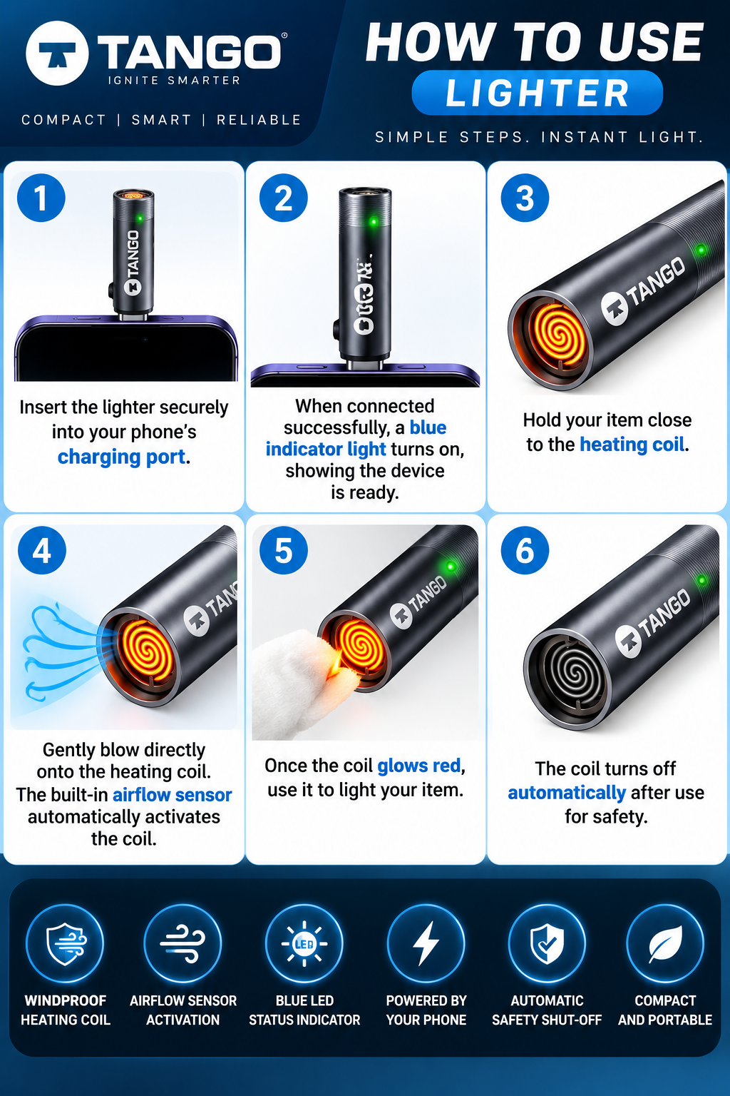 TANGO OT-01 Type-C Smart Ignition E-Lighter. Pocket Lighter